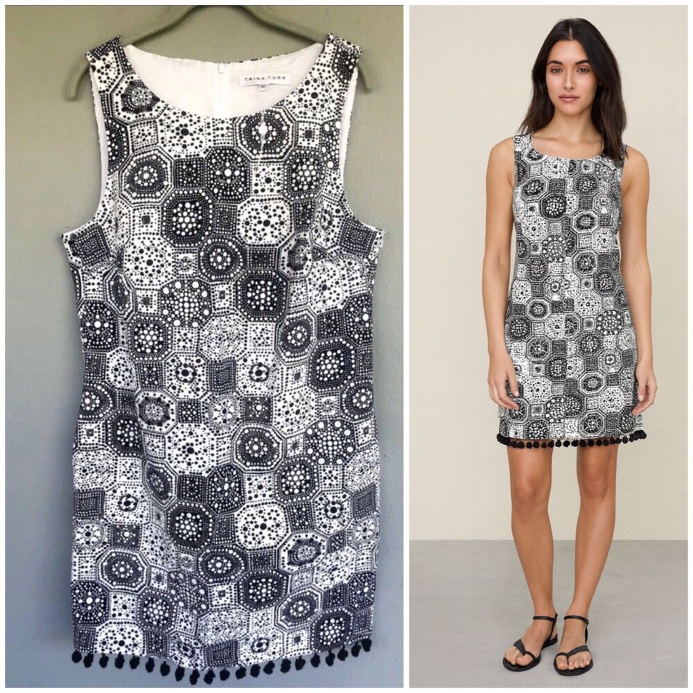 Trina Turk Dress 12 Midi Black White Geo Print Cotton Stretch Tassel Hem Coastal
